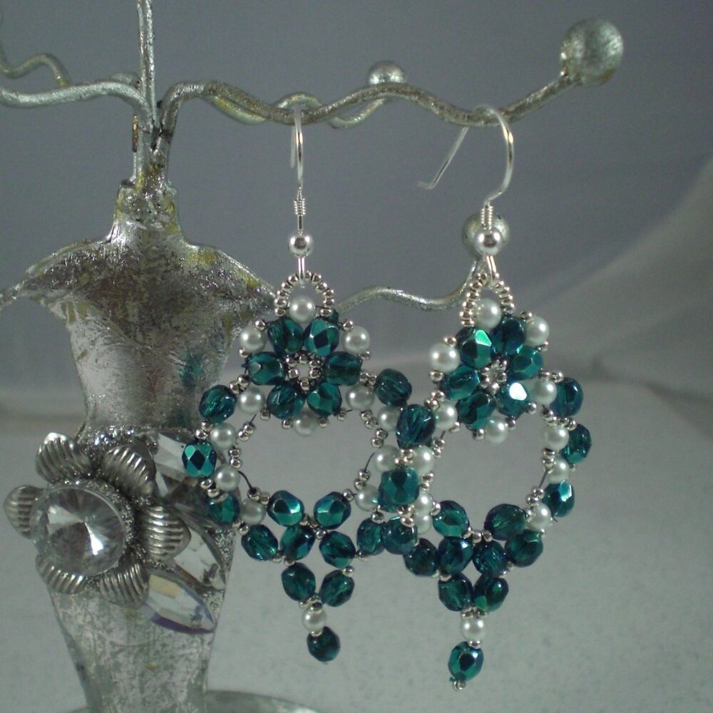 Aqua Metallic Ice Princess Earrings; Hand Beaded, Dangle Earrings